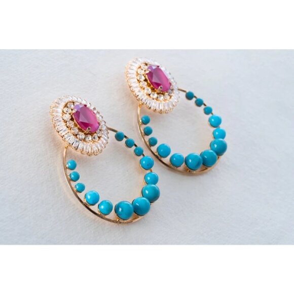 Anton Heunis Gem Cluster Hoop Earrings in Pink Blue Crystal & Gold New Womens - Picture 7 of 10
